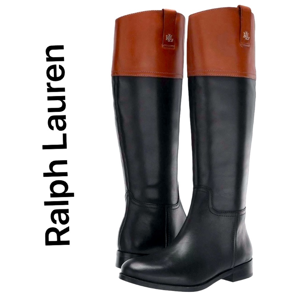 New! RALPH LAUREN Two-tone Equestian Style Leather Boots, Black/Saddle Tan, Sz 9 - Picture 1 of 7